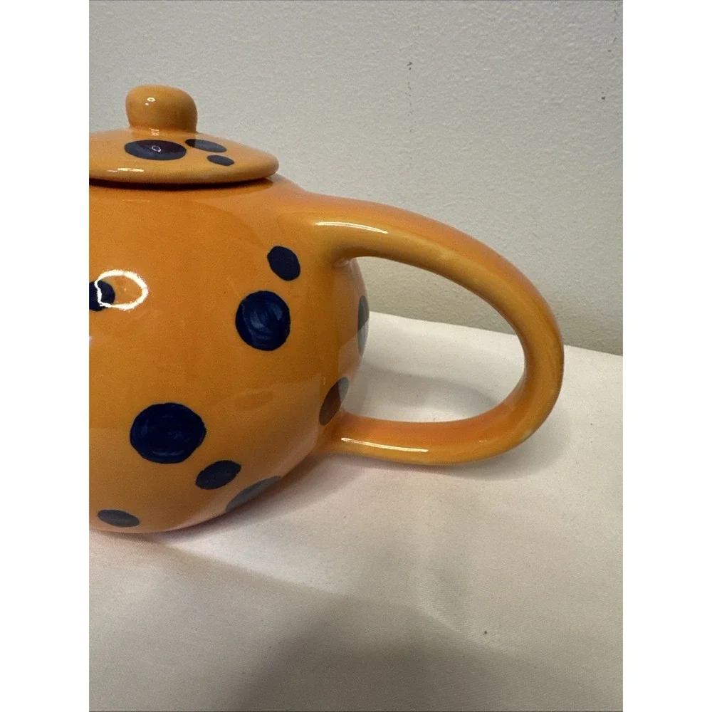 Evandale Hand Painted Ceramic Teapot Orange w Blue Dots w Lid Vintage 70s